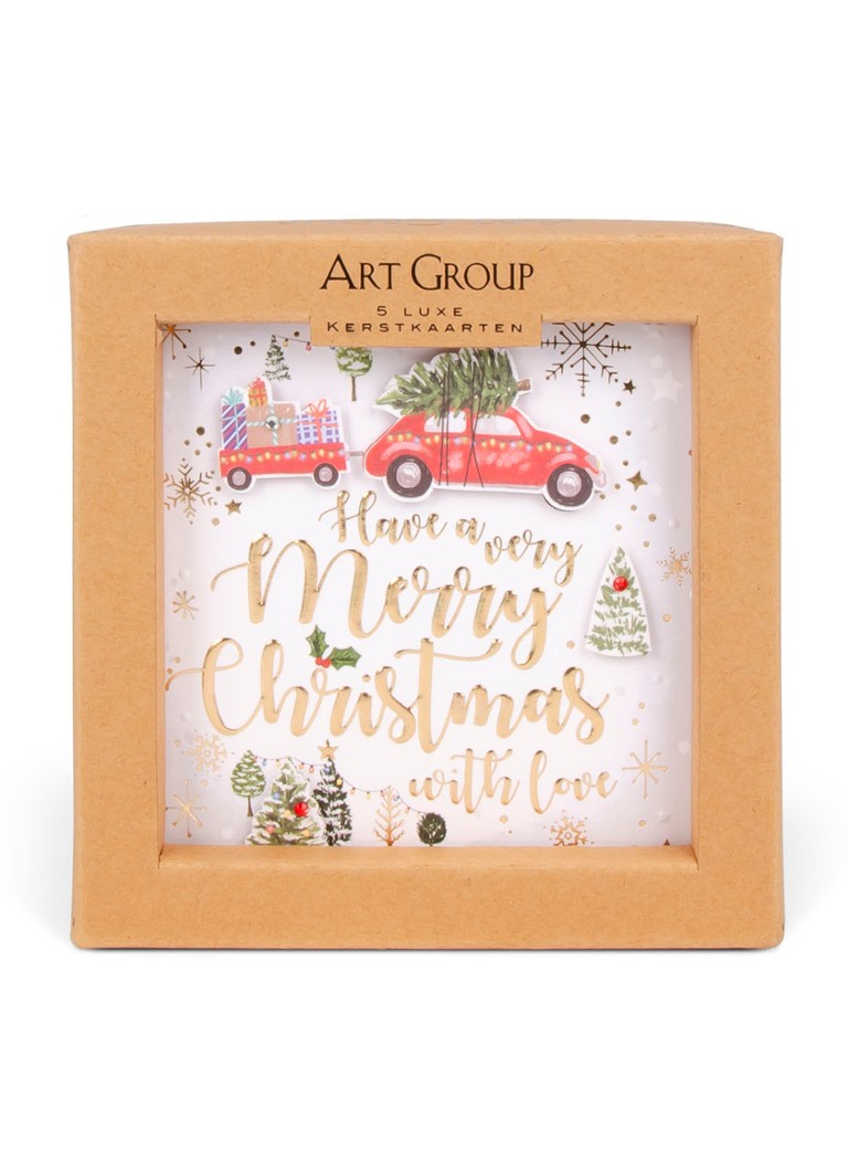 Art Group - Ling Luxury Handmade Rode auto - 1 design - Kerstkaart met envelop set van 5 - Wit