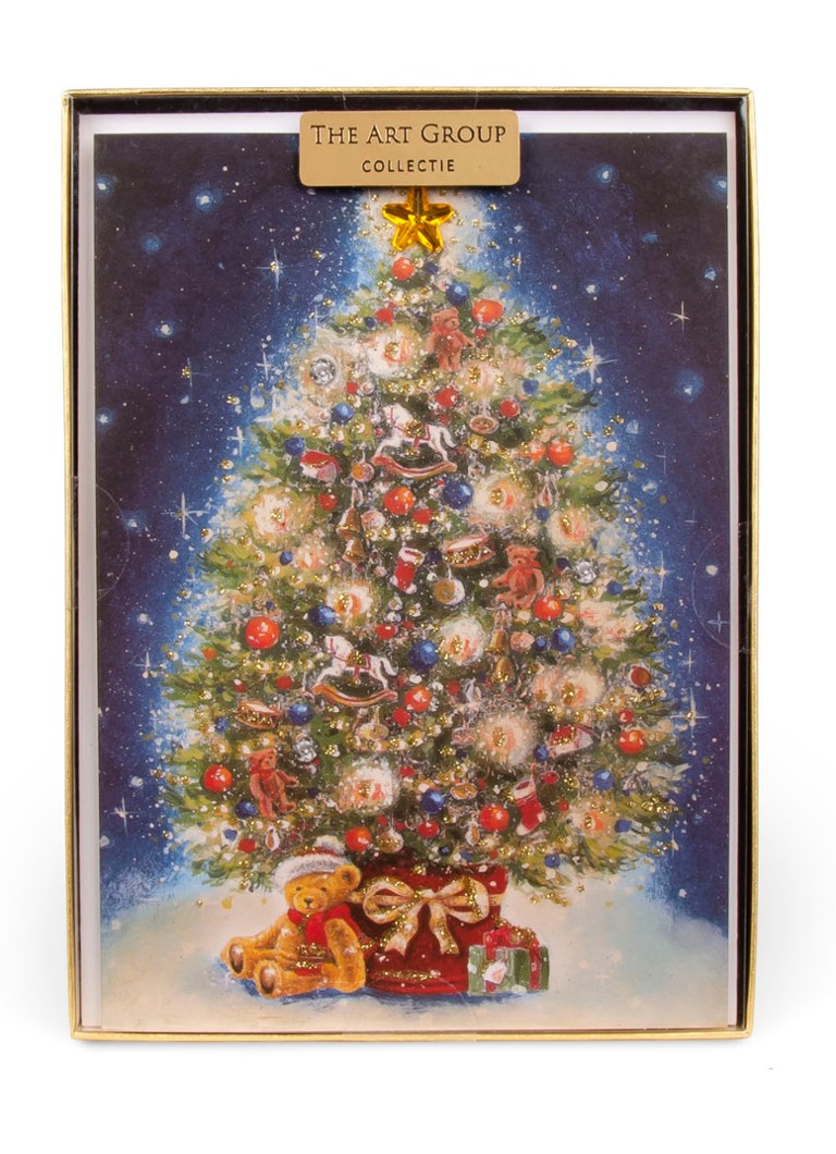 Art Group - Vintage Kerstboom met cadeaus - 1 design - Kerstkaart met envelop set van 8 - Donkerblauw