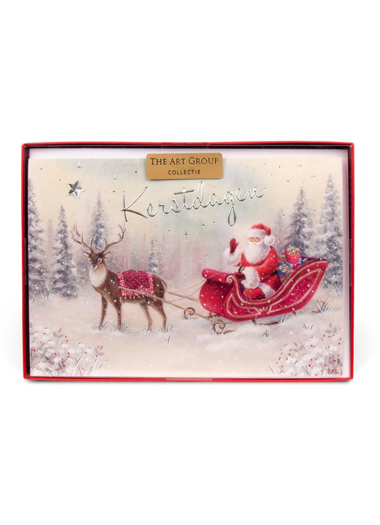Art Group - Vintage Kerstman in slee - 1 design - Kerstkaart met envelop set van 8 - Wit