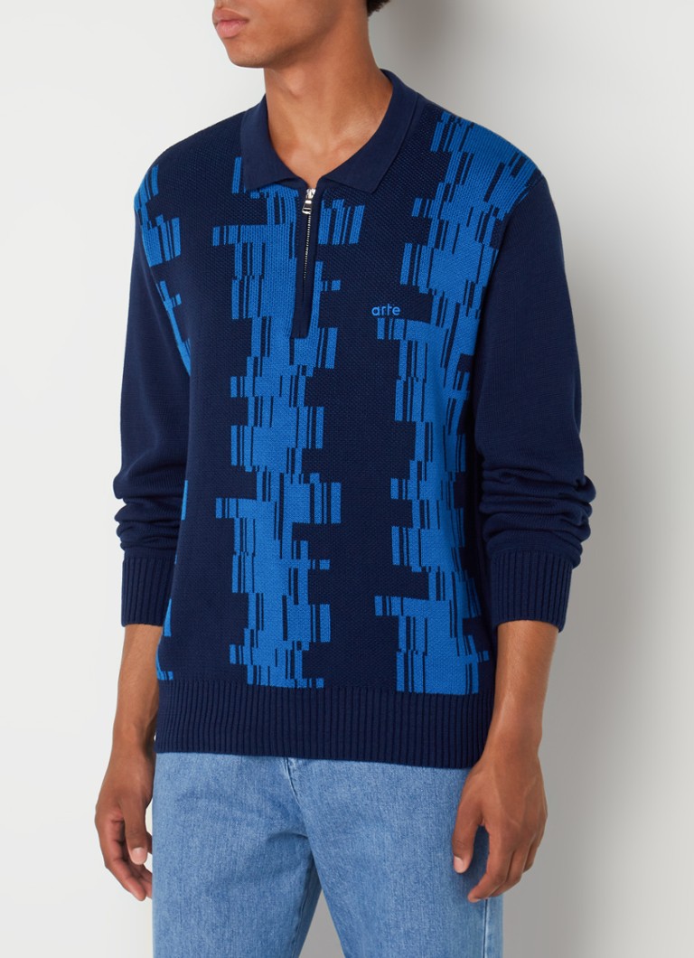 Arte Antwerp - Know Tertis grofgebreide trui met ingebreid patroon - Donkerblauw