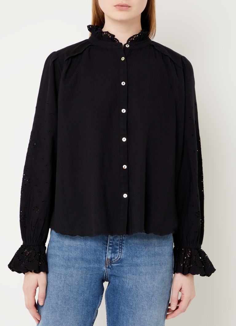ba&sh - Feely blouse in linnenblend met pofmouwen en volant - Zwart