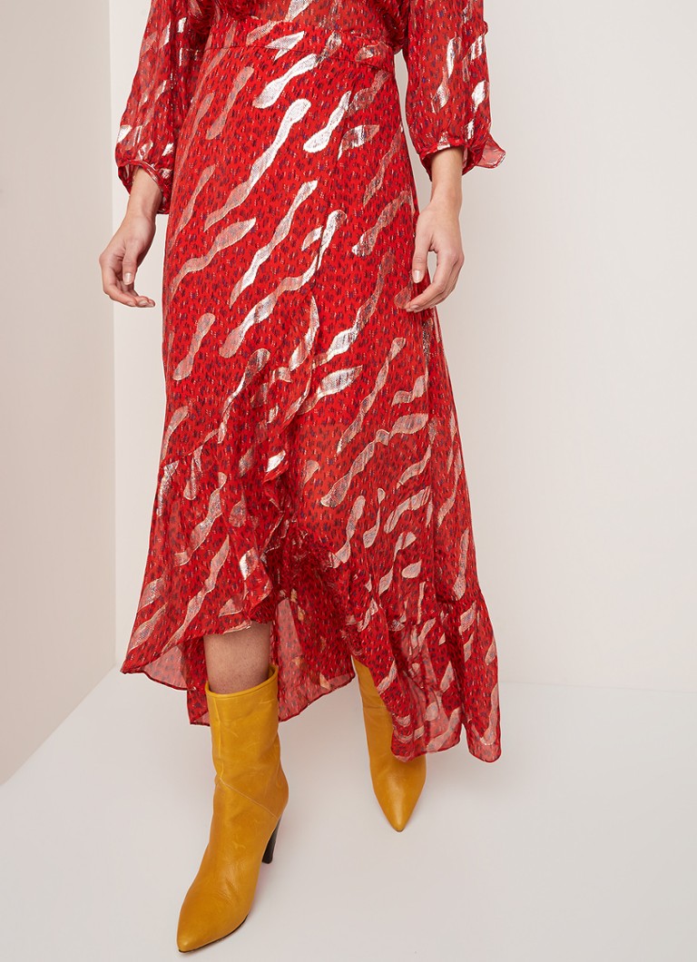 ba&sh - Hada maxirok in zijdeblend met overslag en lurex  - Koraalrood