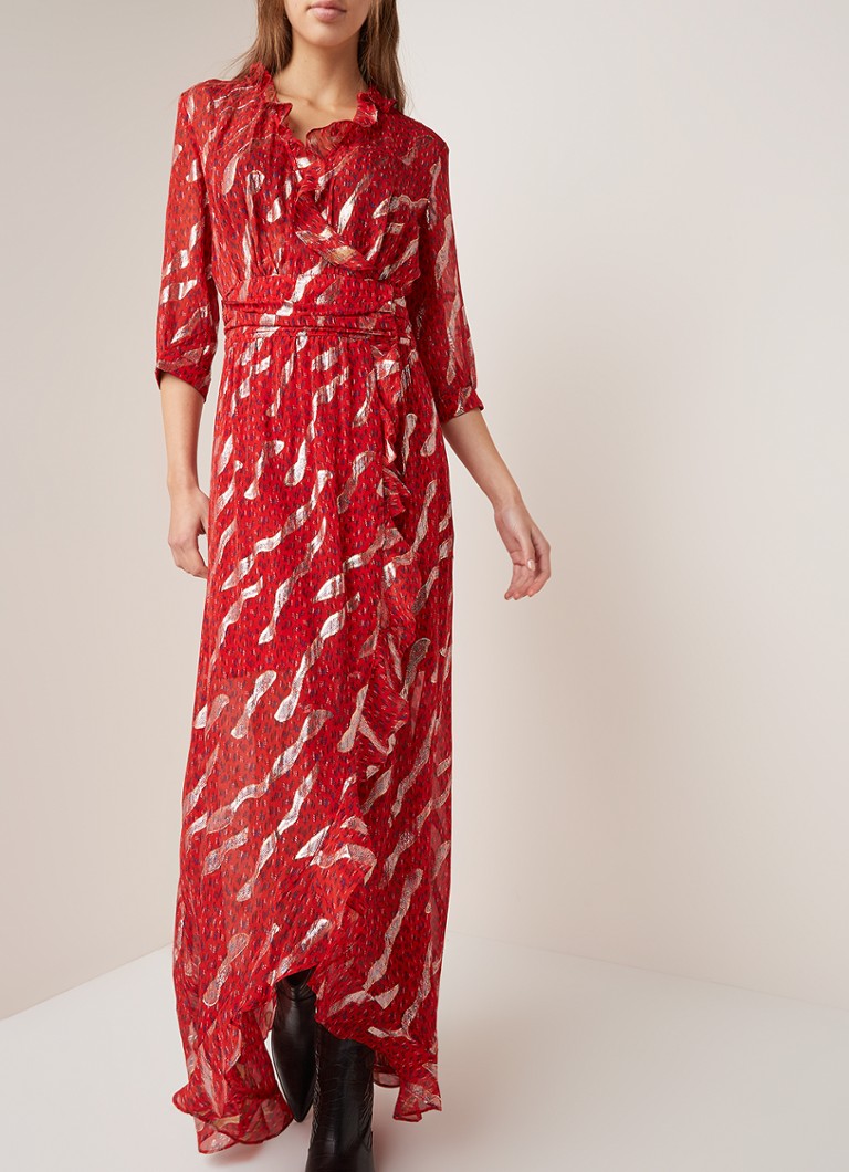 ba&sh - Hali wikkeljurk in zijdeblend met lurex en volant - Vuurrood