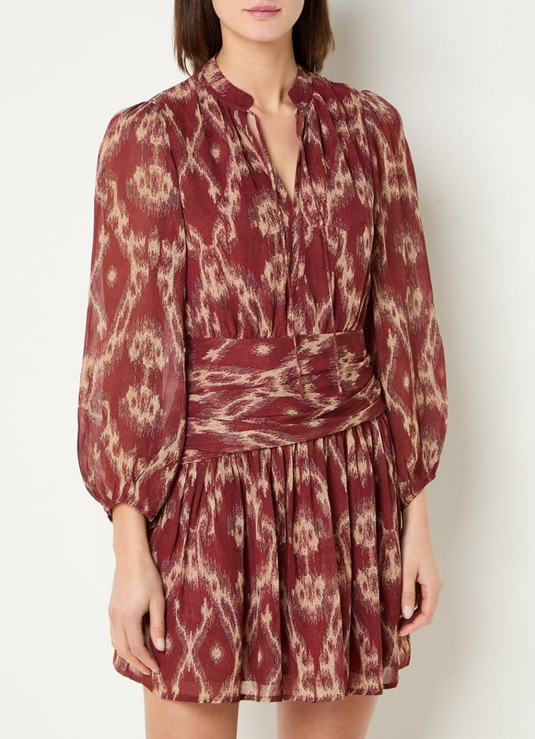 ba&sh - Minthe mini jurk met ballonmouw en print - Roodbruin