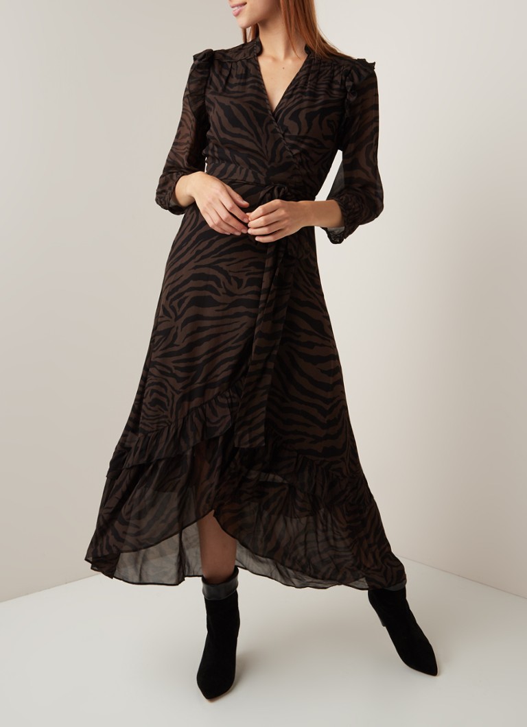 ba&sh - Selena wikkeljurk met zebradessin en volant - Naturel