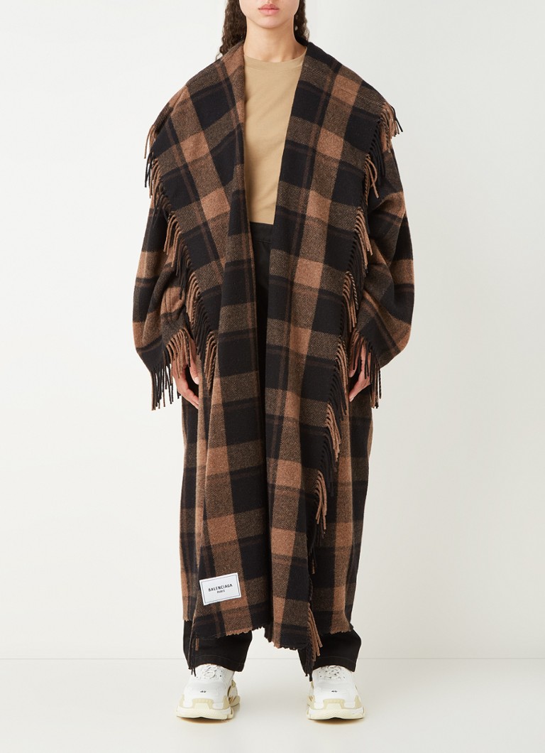 Balenciaga - Blanket jas in wolblend met capuchon en franjes - Bruin