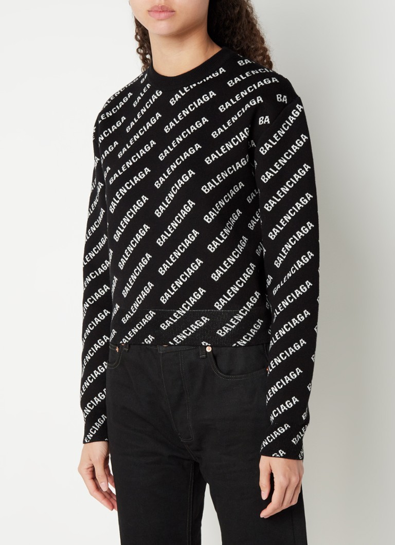 Balenciaga - Fijngebreide pullover in wolblend met ingebreid logo - Zwart