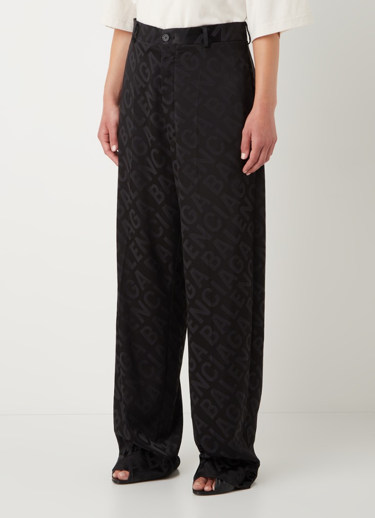 Balenciaga - High waist wide fit pantalon van satijn met logoprint  - Zwart