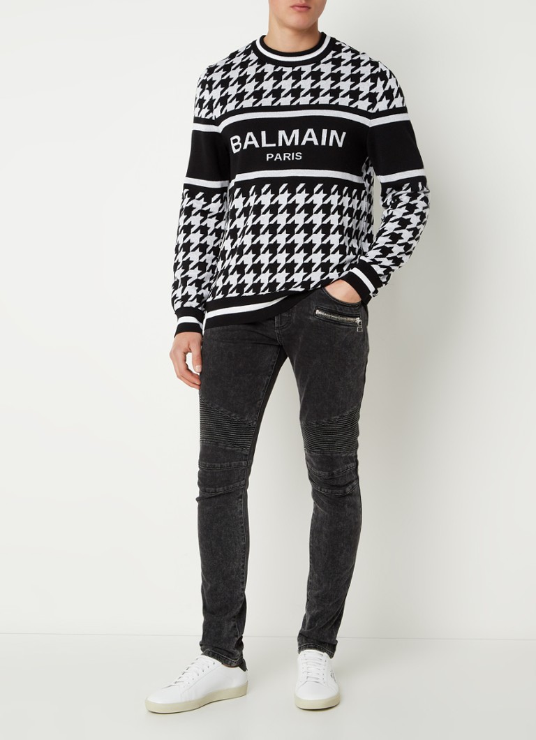 Balmain - Fijngebreide pullover in merino wolblend met logoprint - Wit - voorkant