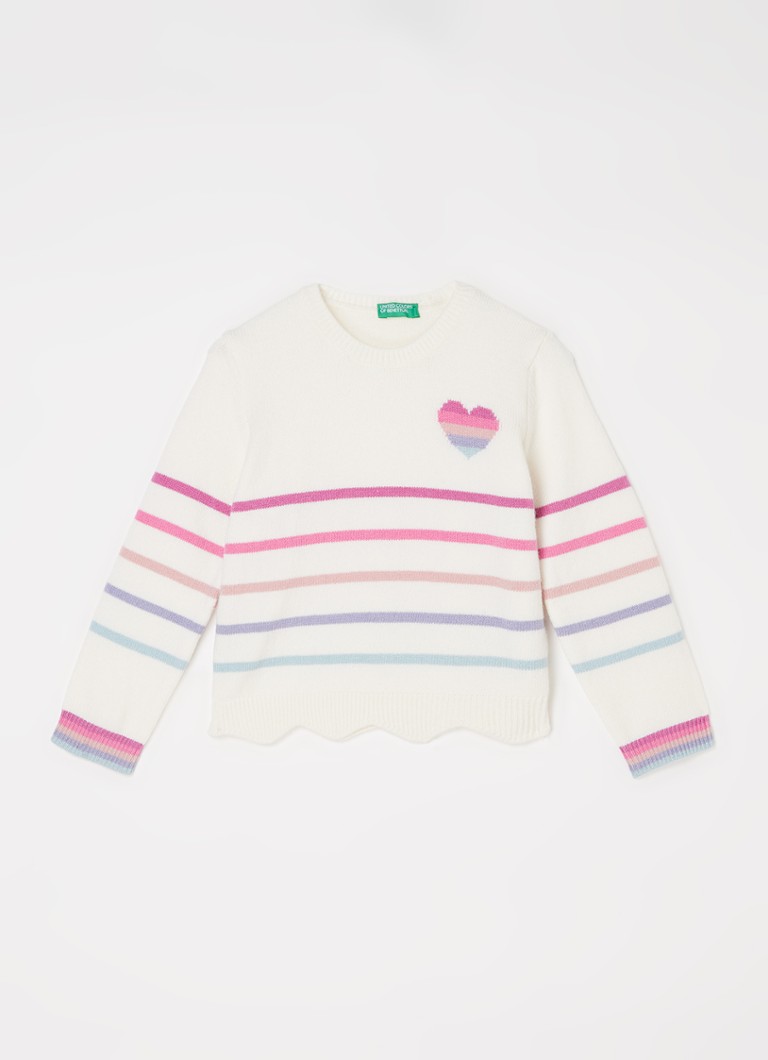 Benetton - Fijngebreide trui met streepprint - Gebroken wit