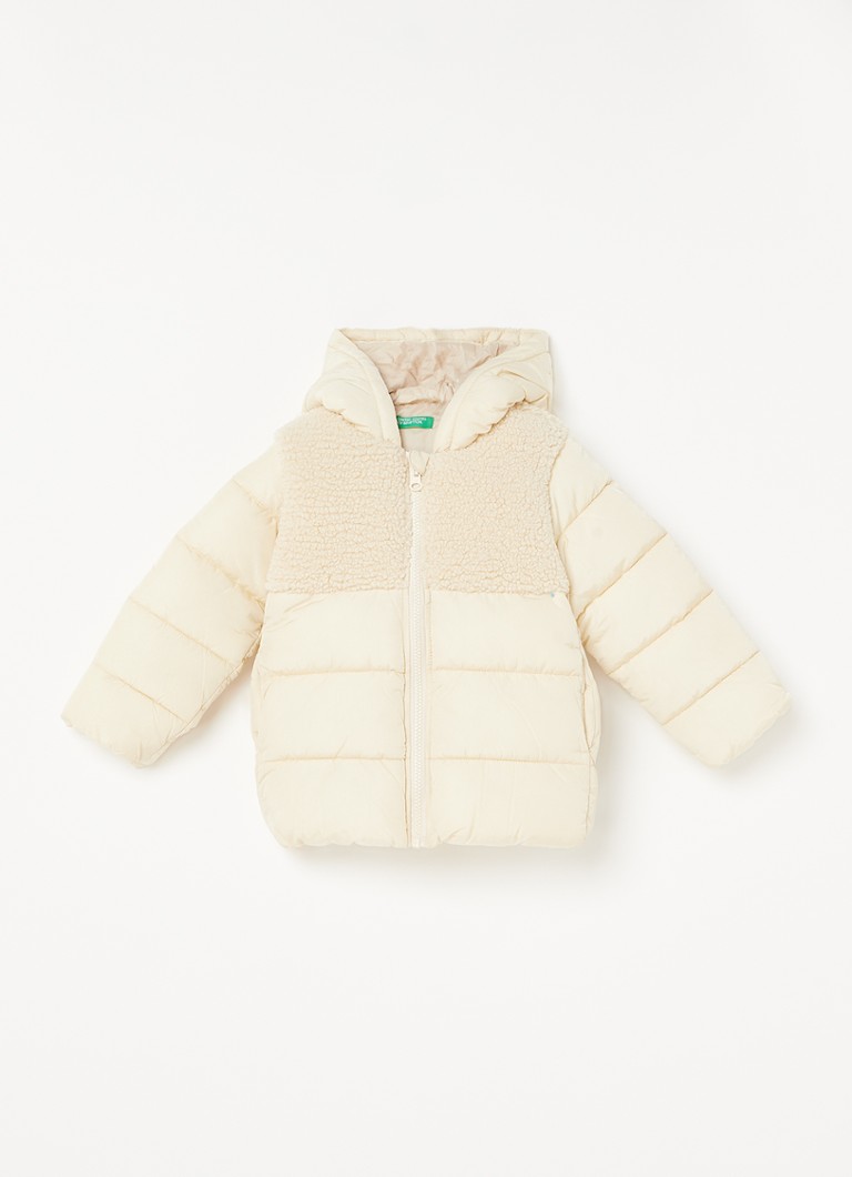 Benetton - Gewatteerde jas met capuchon en teddy details - Creme