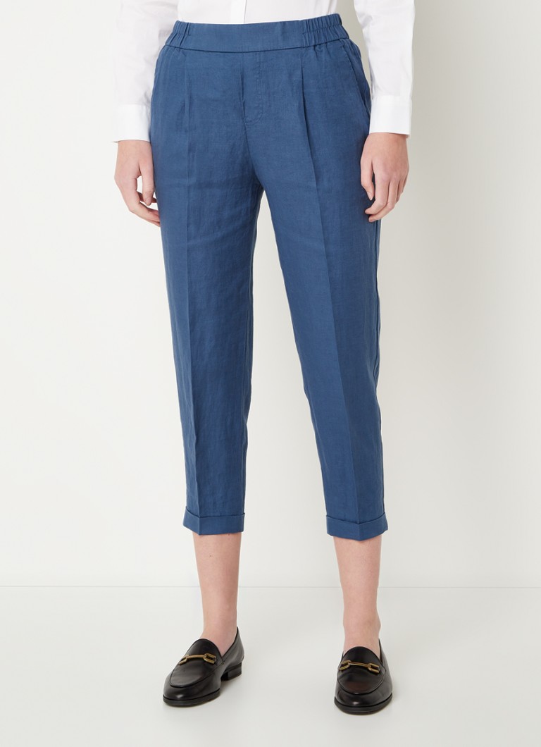 Benetton - High waist tapered fit cropped pantalon van linnen  - Staalblauw