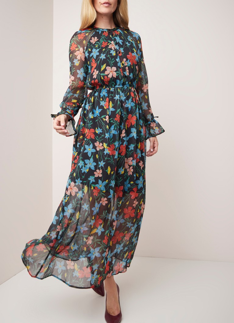 Benetton - Maxi-jurk van chiffon met bloemendessin - Zwart