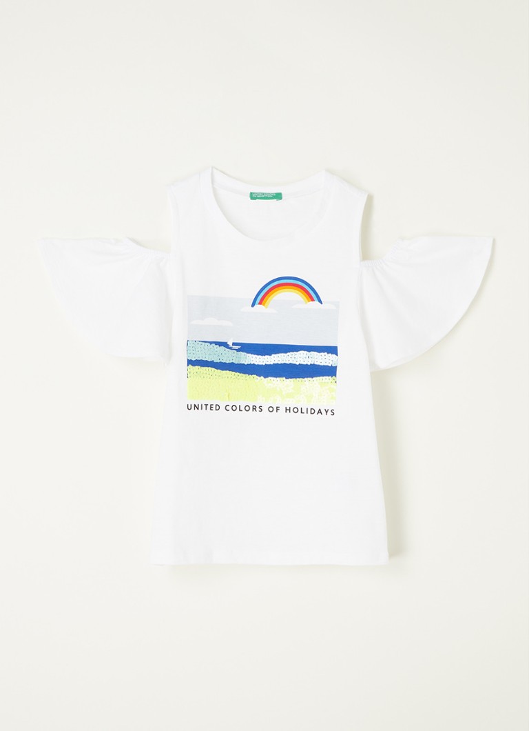 Benetton - Off shoulder T-shirt met frontprint en pailletten - Wit