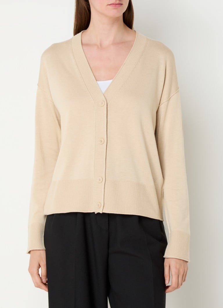 BOSS - C-Fedas fijngebreid vest met logo en V-hals - Creme