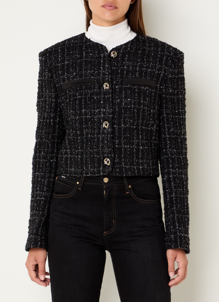 BOSS - Jolena cropped blazer van tweed met glansdraad - Zwart