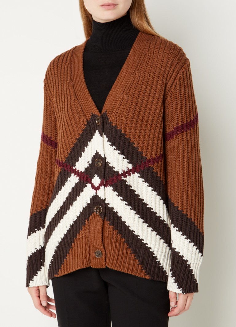 BURBERRY - Karine grofgebreid vest in kasjmierblend met ingebreid patroon - Donkerbruin