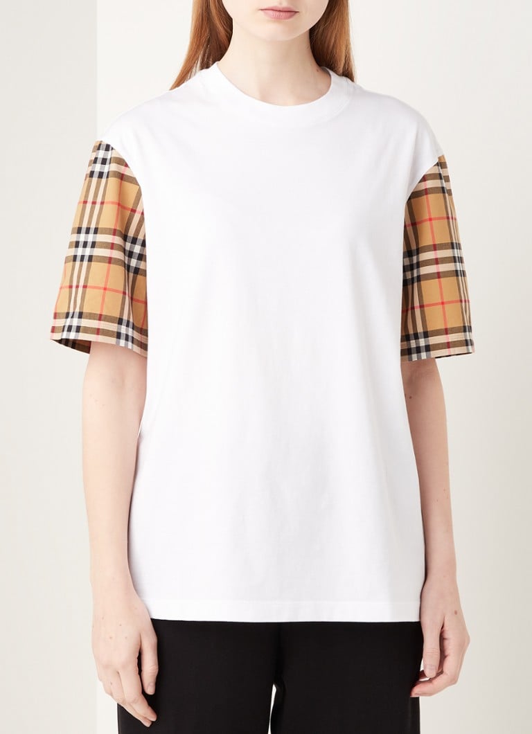Berg kleding op metalen Onzeker BURBERRY Serra T-shirt met geruite mouw • Wit • de Bijenkorf