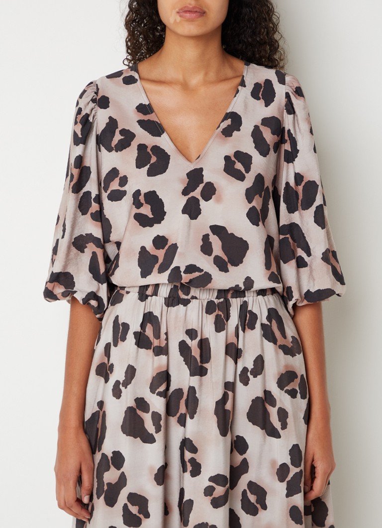 by-bar - Juta top met panterprint en pofmouw - Taupe