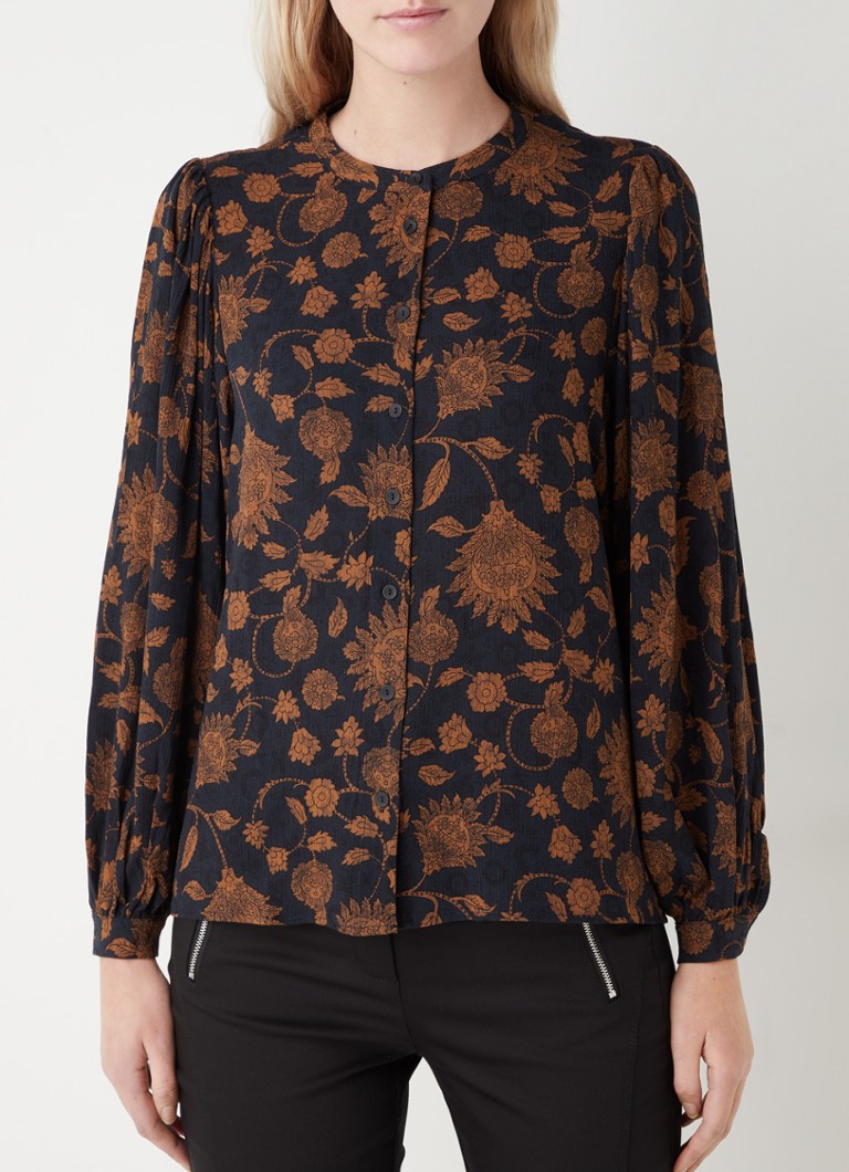 by-bar - Rikki blouse met bloemenprint en pofmouw - Donkerblauw