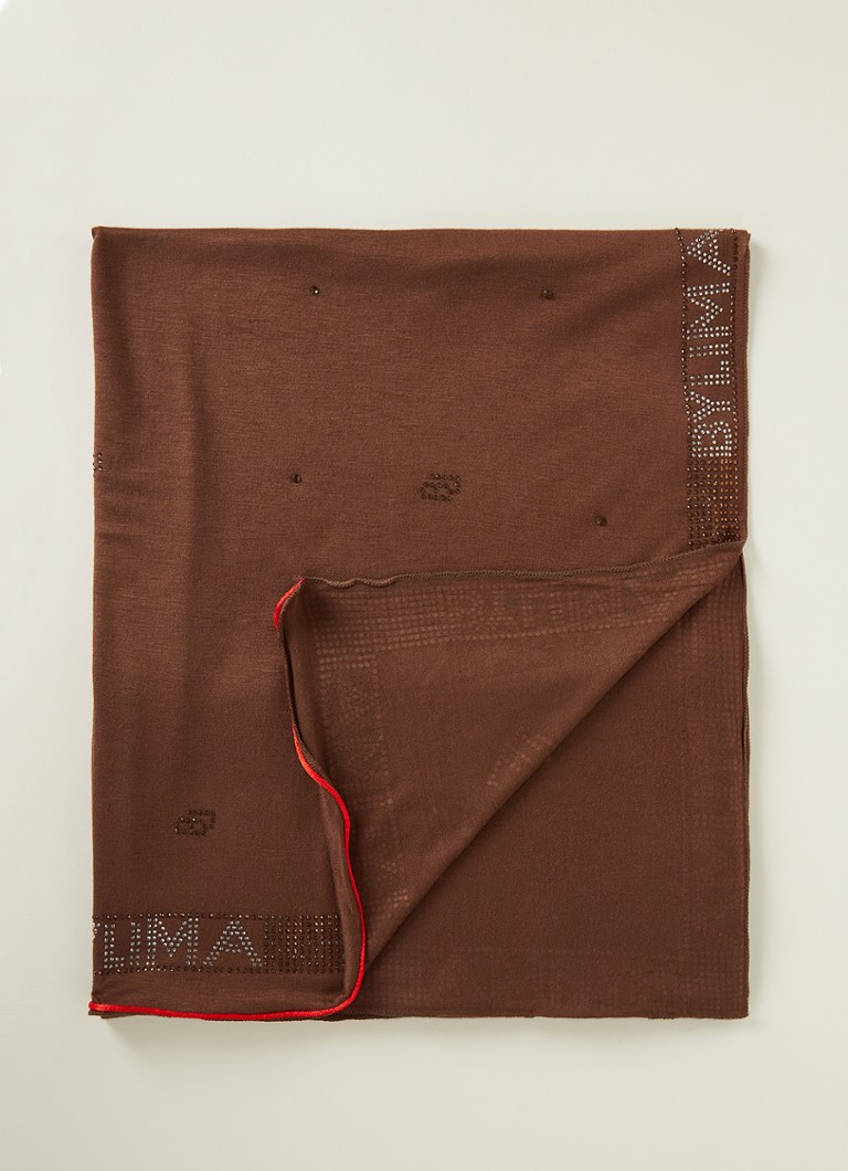 BYLIMA Akari sjaal met logoprint van strass 190 x 60 cm • Donkerbruin de Bijenkorf