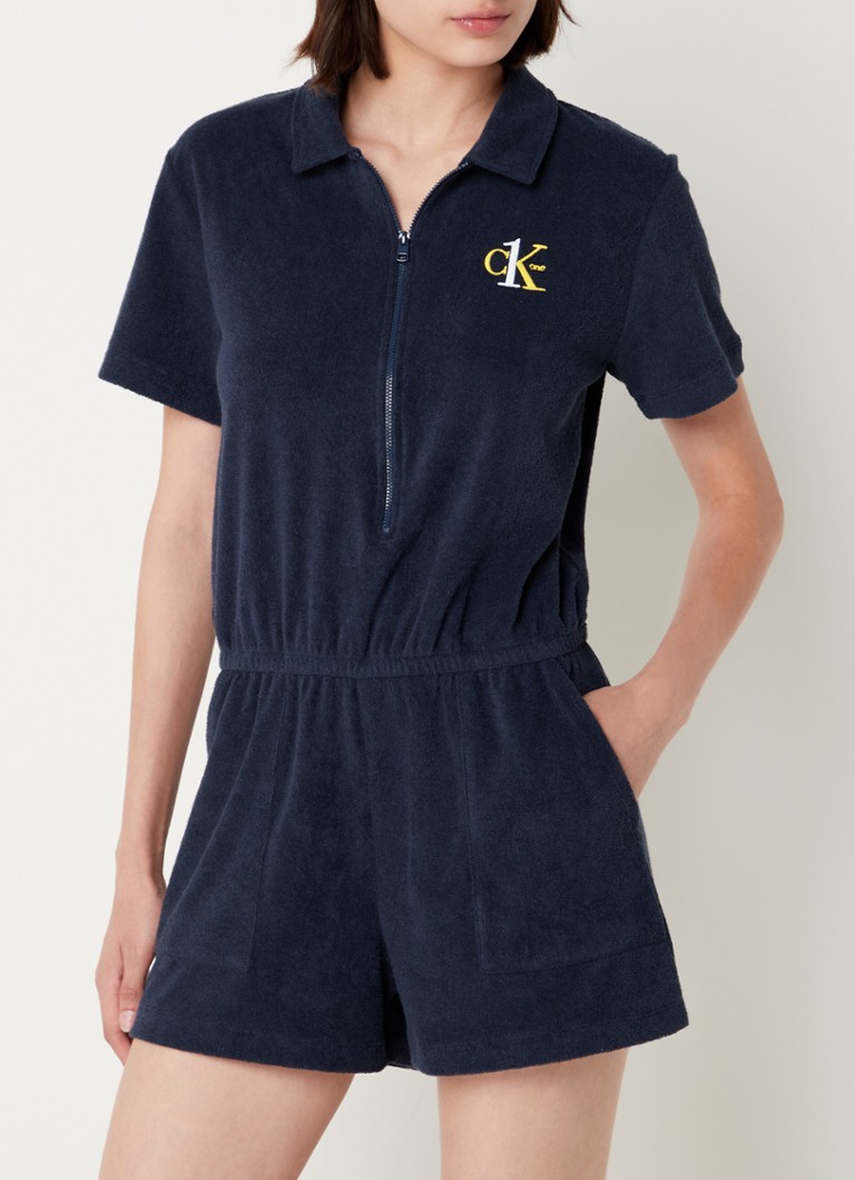 Calvin Klein - CK One straight fit strandplaysuit van badstof met steekzakken  - Donkerblauw