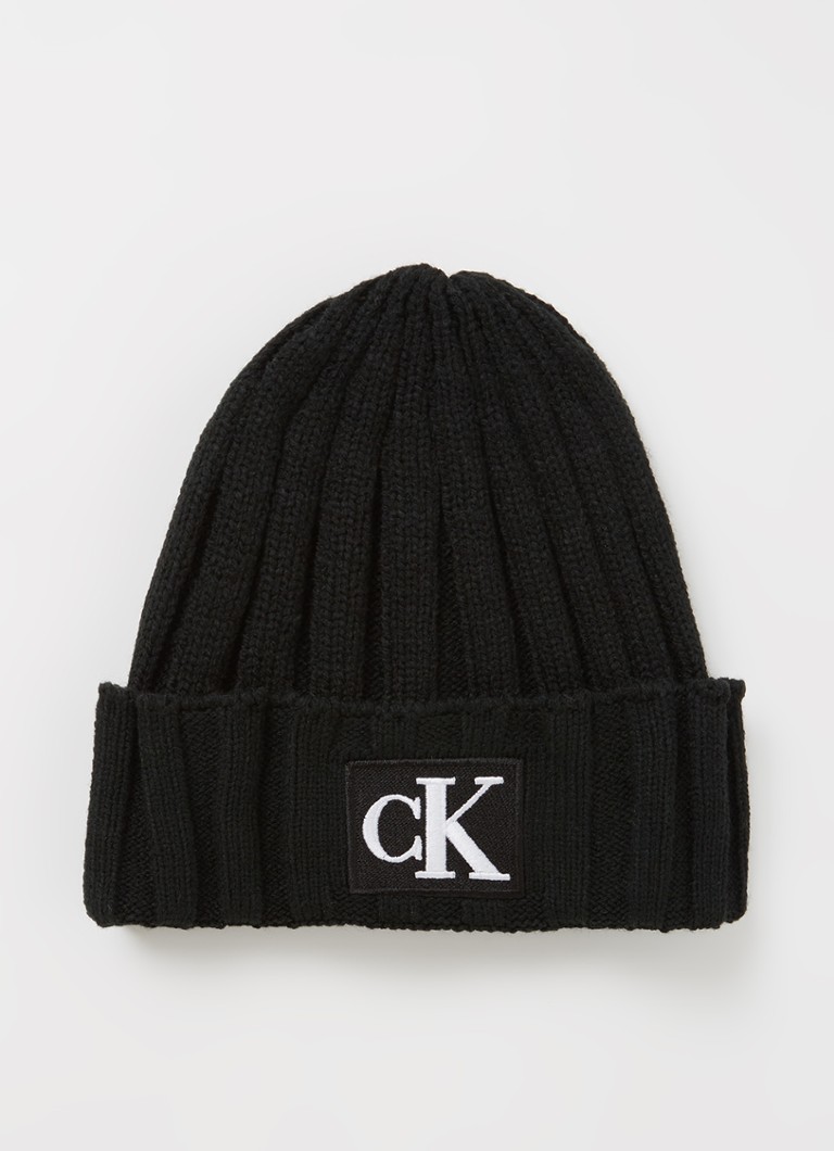 Calvin Klein - Fijngebreide muts met logo - Zwart