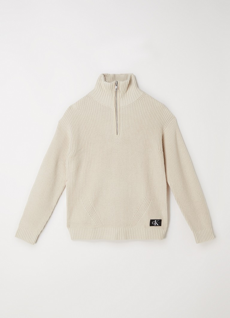 Calvin Klein - Grofgebreide pullover met halve rits en logo - Beige