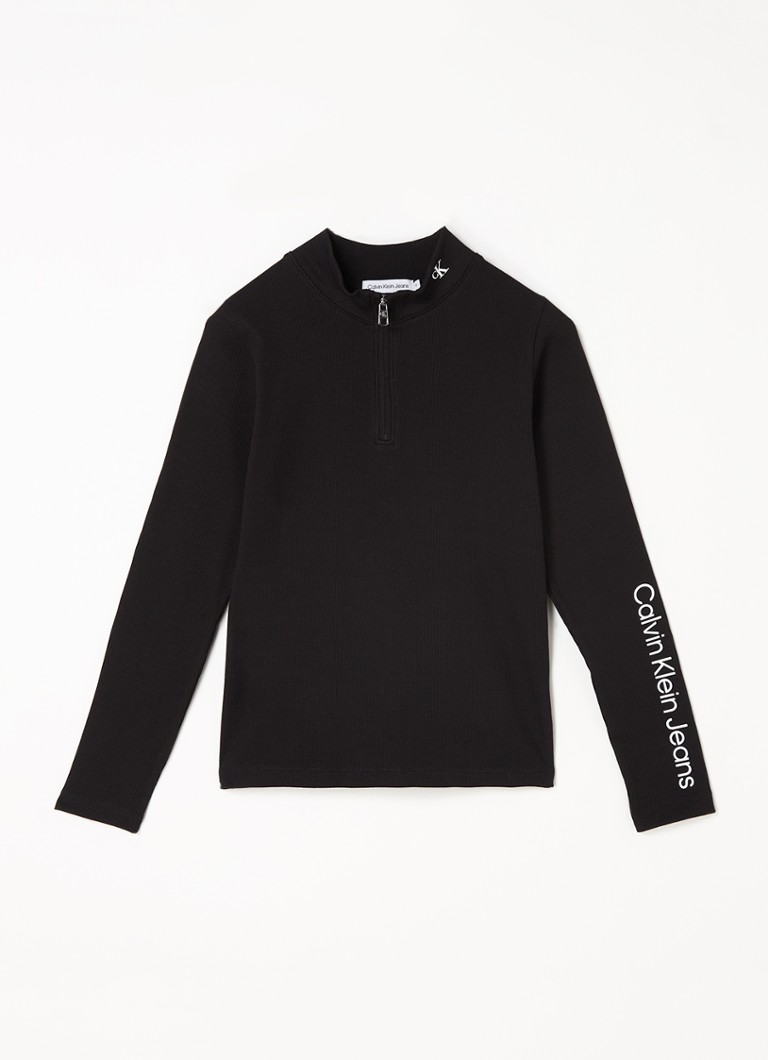 Calvin Klein - Ribgebreide longsleeve met logo en halve rits  - Zwart