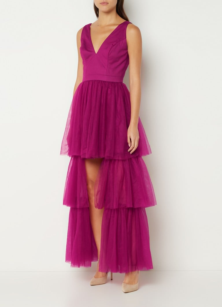 Chi Chi London Maxi jurk met tule en V-hals • Donkerroze • de Bijenkorf