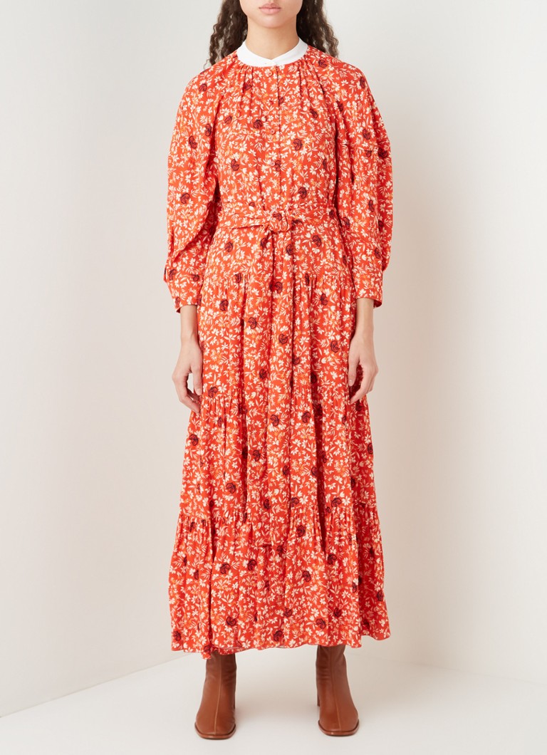 Chloé Maxi jurk van zijde met bloemenprint • Oranjerood • de Bijenkorf