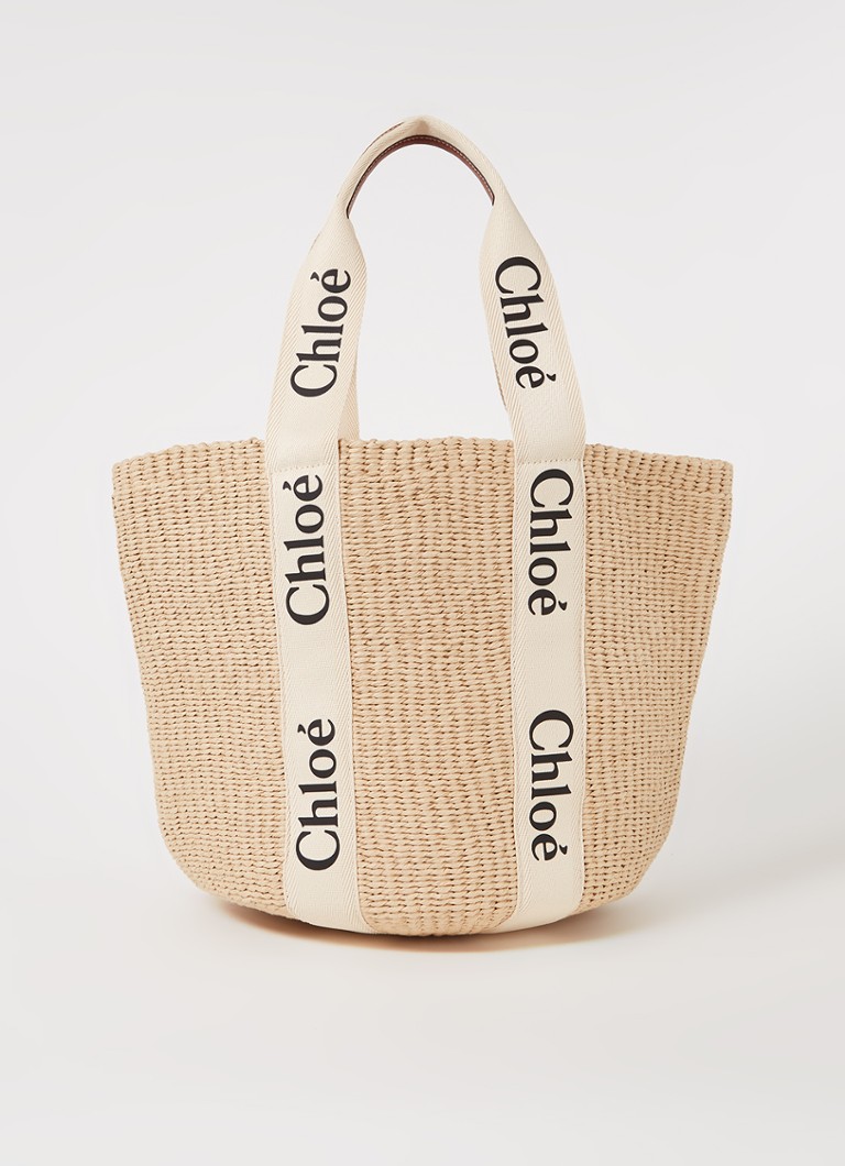 Chloé - Woody Large shopper van raffia met kalfsleren details  - Zand