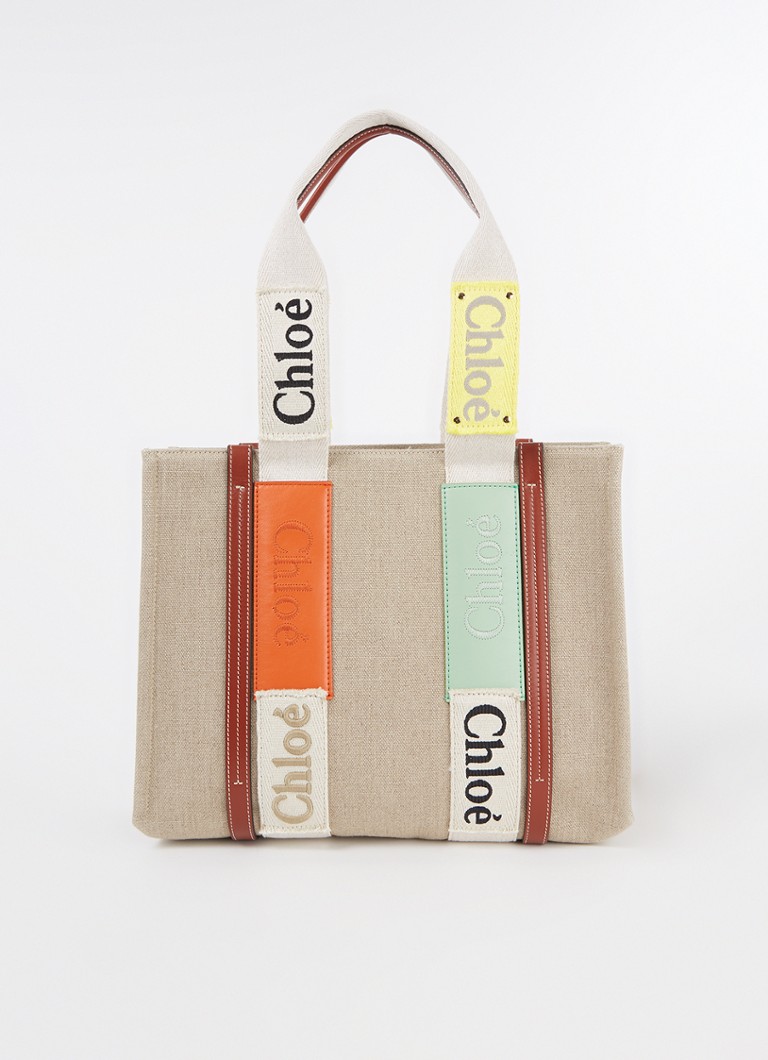 Chloé - Woody Medium shopper van canvas met kalfsleren details - Taupe