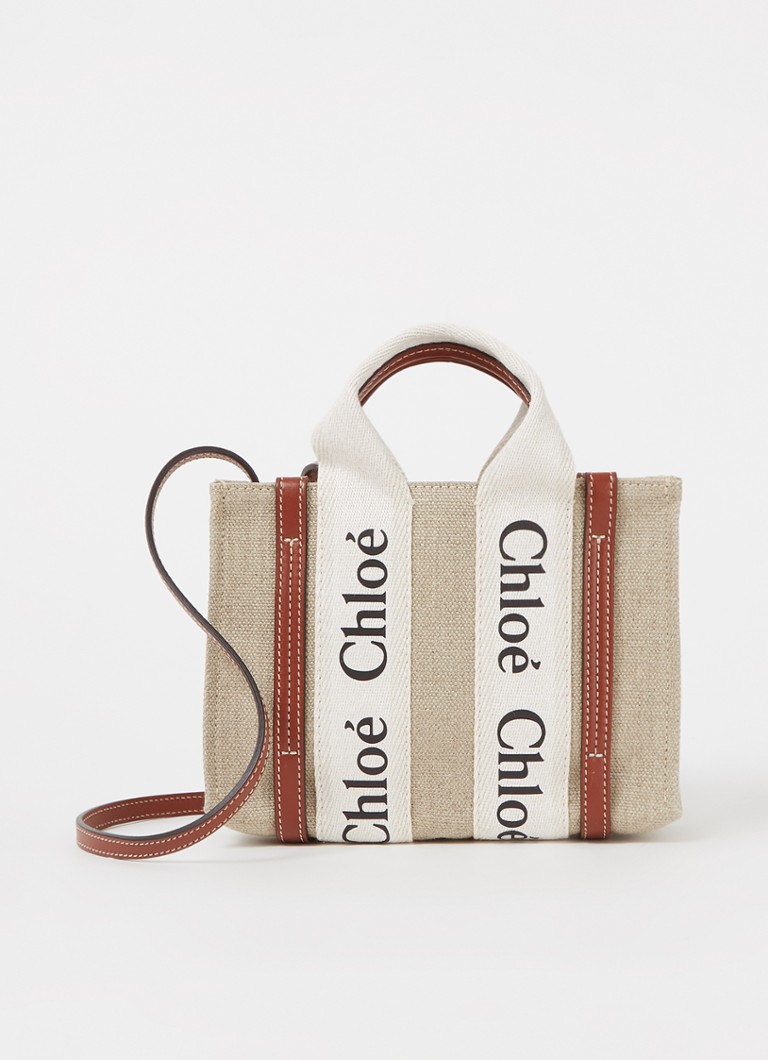 Chloé - Woody Mini handtas van canvas met kalfsleren details - Beige