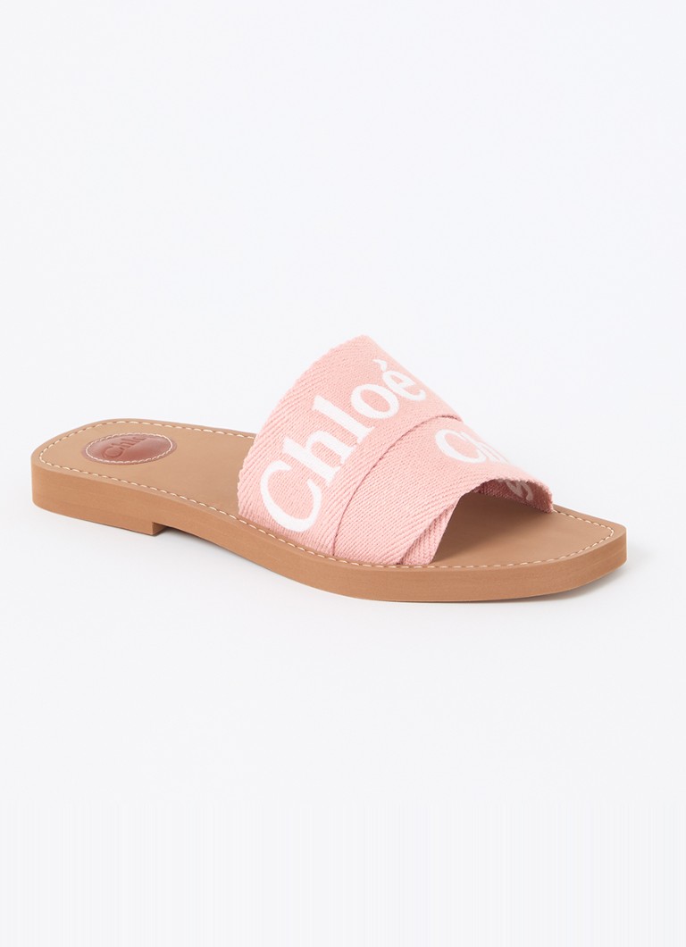 Chloé - Woody slipper van canvas met logo - Zalmroze