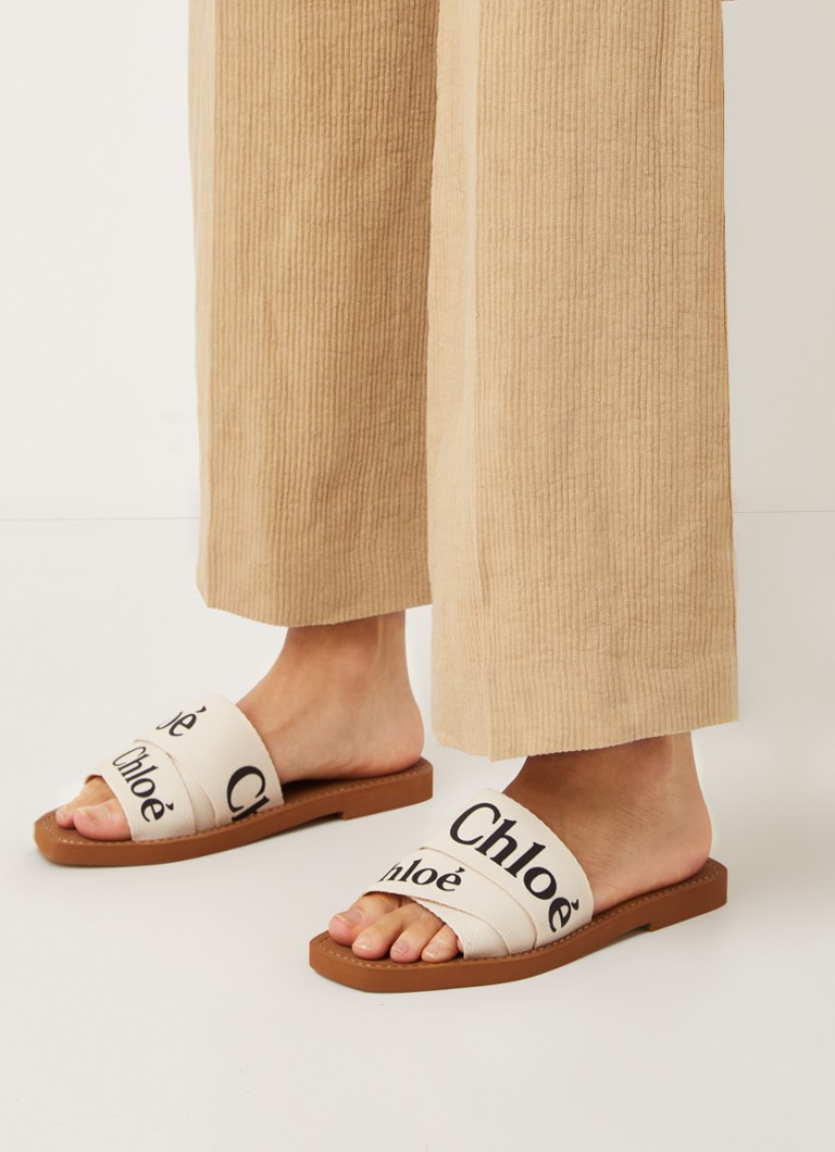 Chloé Woody slipper van canvas met logo • Beige • de Bijenkorf
