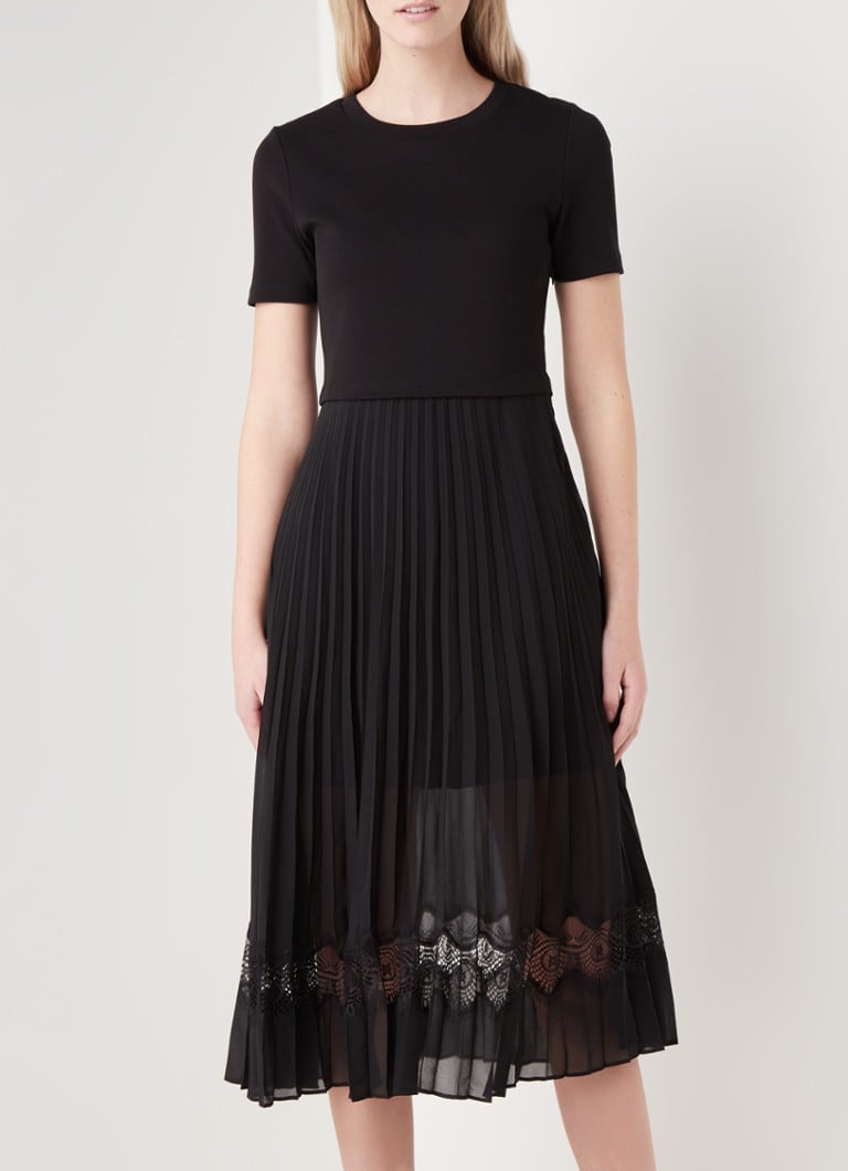 Claudie Pierlot - Teli midi jurk met plissé en kant - Zwart