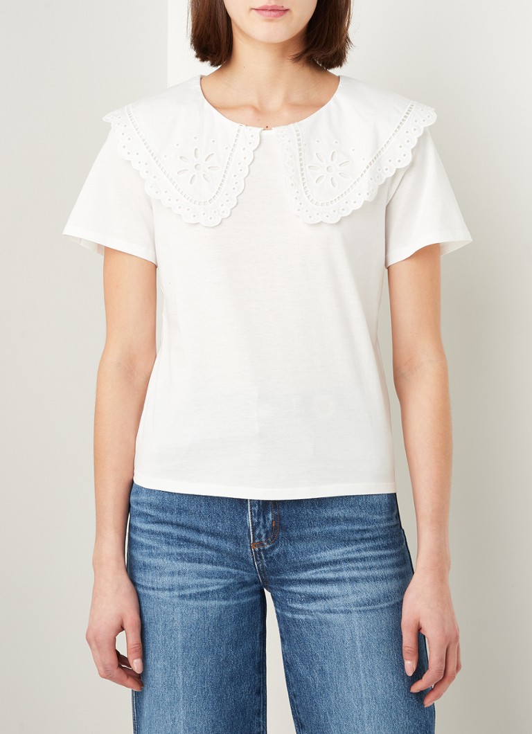 Claudie Pierlot - Trefle T-shirt van katoen met broderie - Gebroken wit