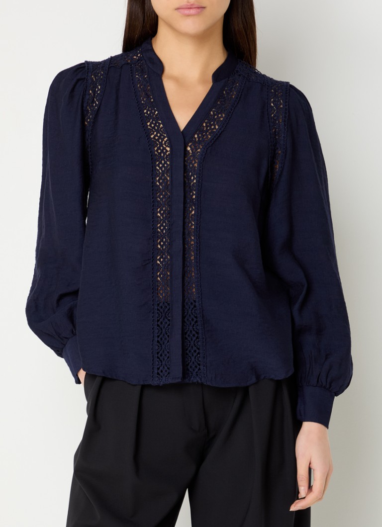 Co'Couture - Caryn blouse met opengewerkt detail en pofmouw - Donkerblauw