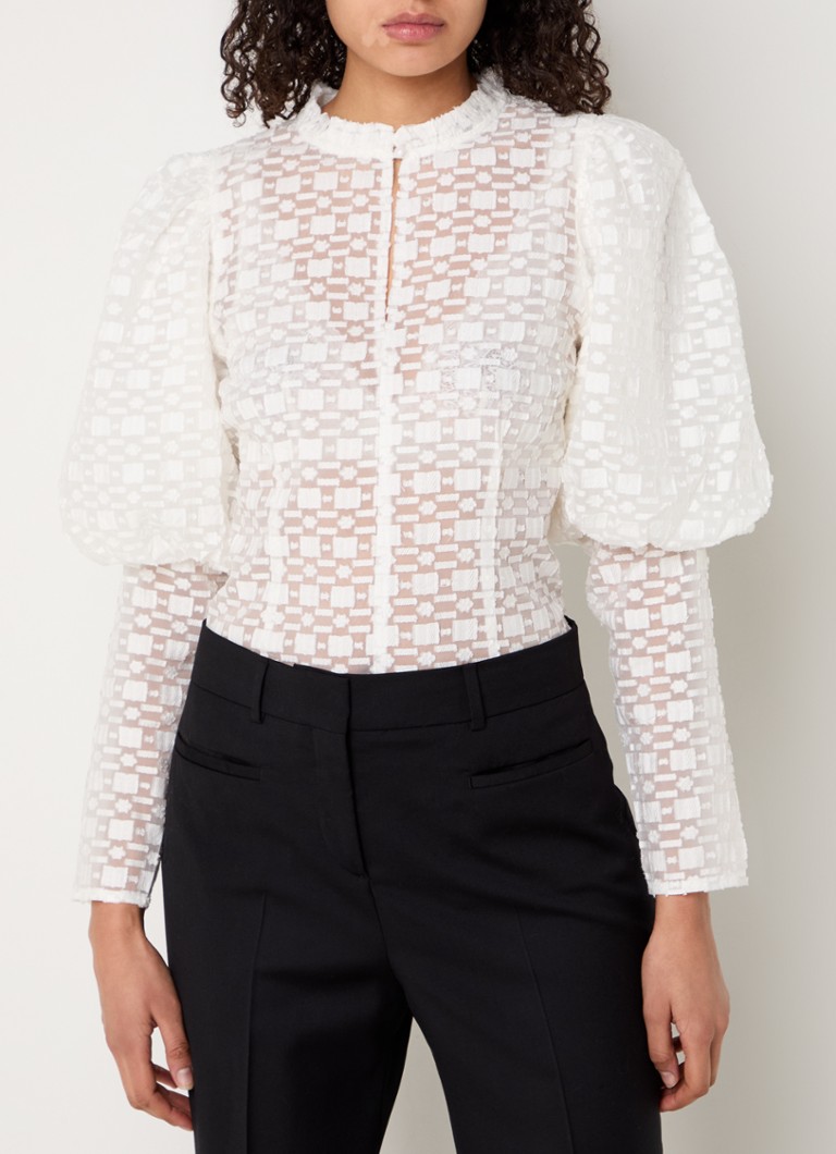 Co'Couture - Elinor semi-transparante top met pofmouw - Gebroken wit