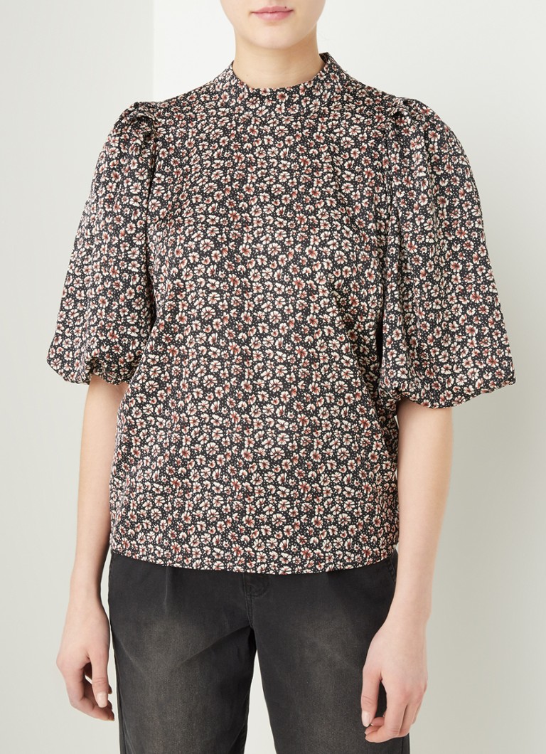 Co'Couture - Fox top met bloemenprint en pofmouw - Zwart