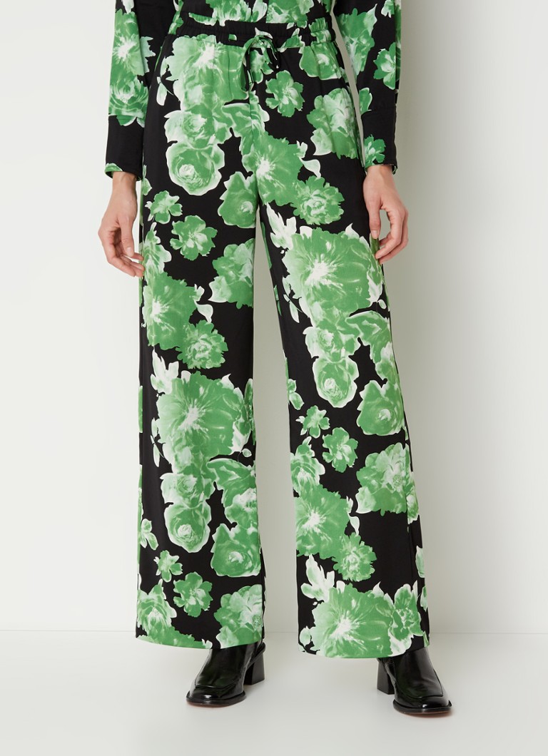 Co'Couture - Green Rose high waist wide fit broek met bloemeprint - Zwart