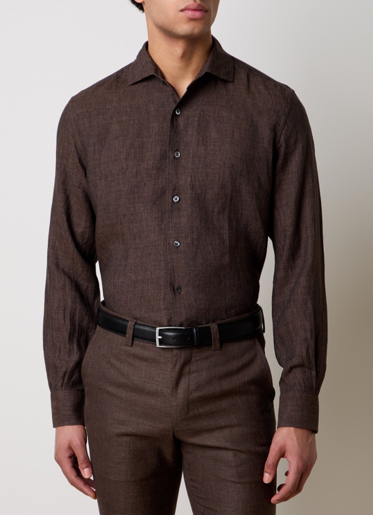 Corneliani - Slim fit overhemd van linnen - Donkerbruin