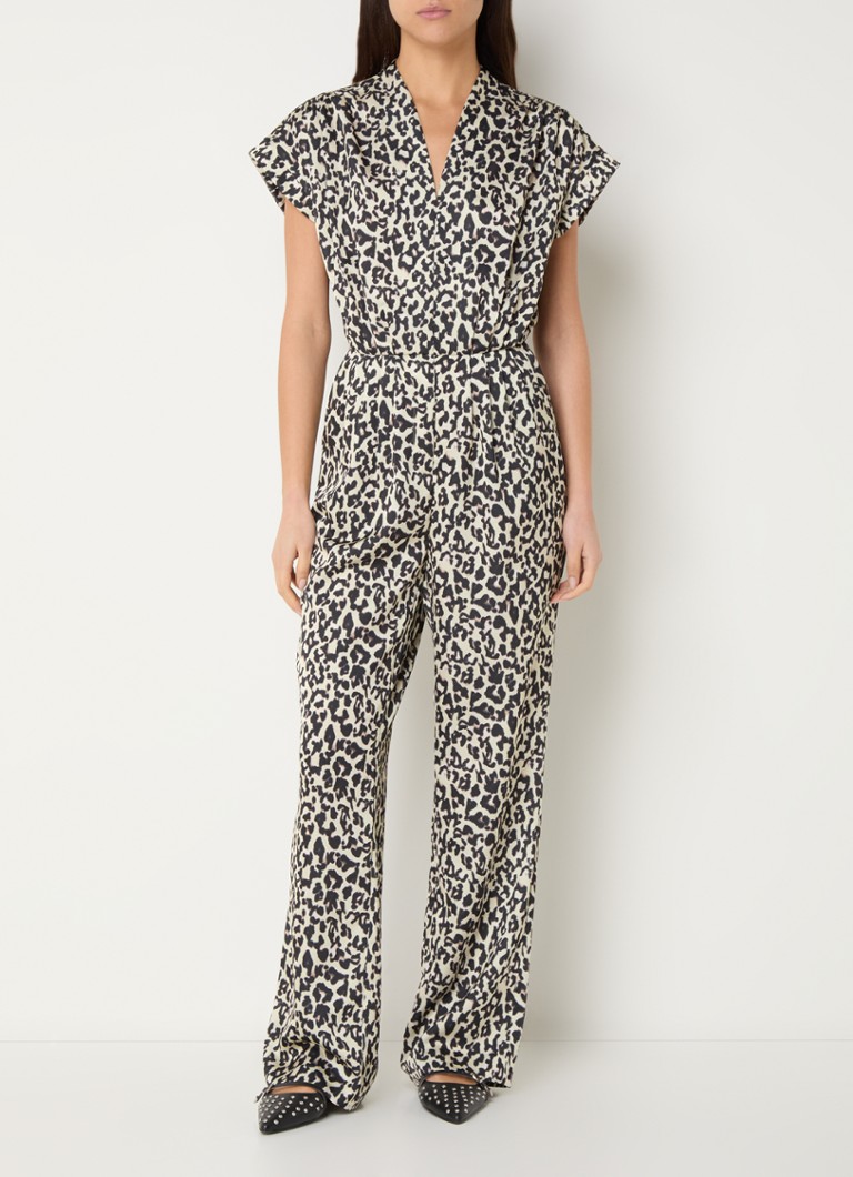 Dante 6 - Oyana wide fit jumpsuit van satijn met panterprint - Lindegroen