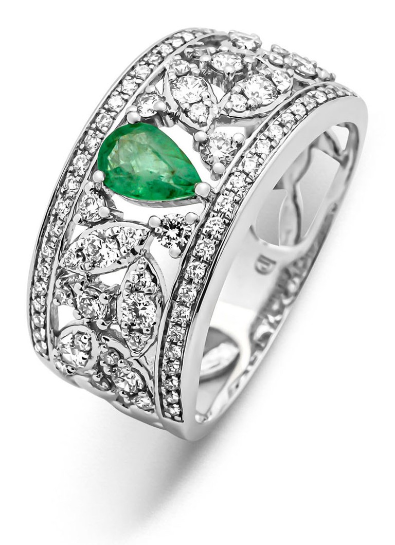 Diamond Point - Witgouden ring, 0.32 ct smaragd, Majestic - Witgoud