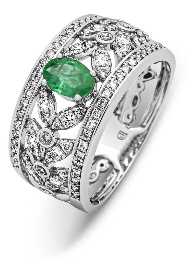 Diamond Point - Witgouden ring, 0.41 ct smaragd, Majestic - Witgoud