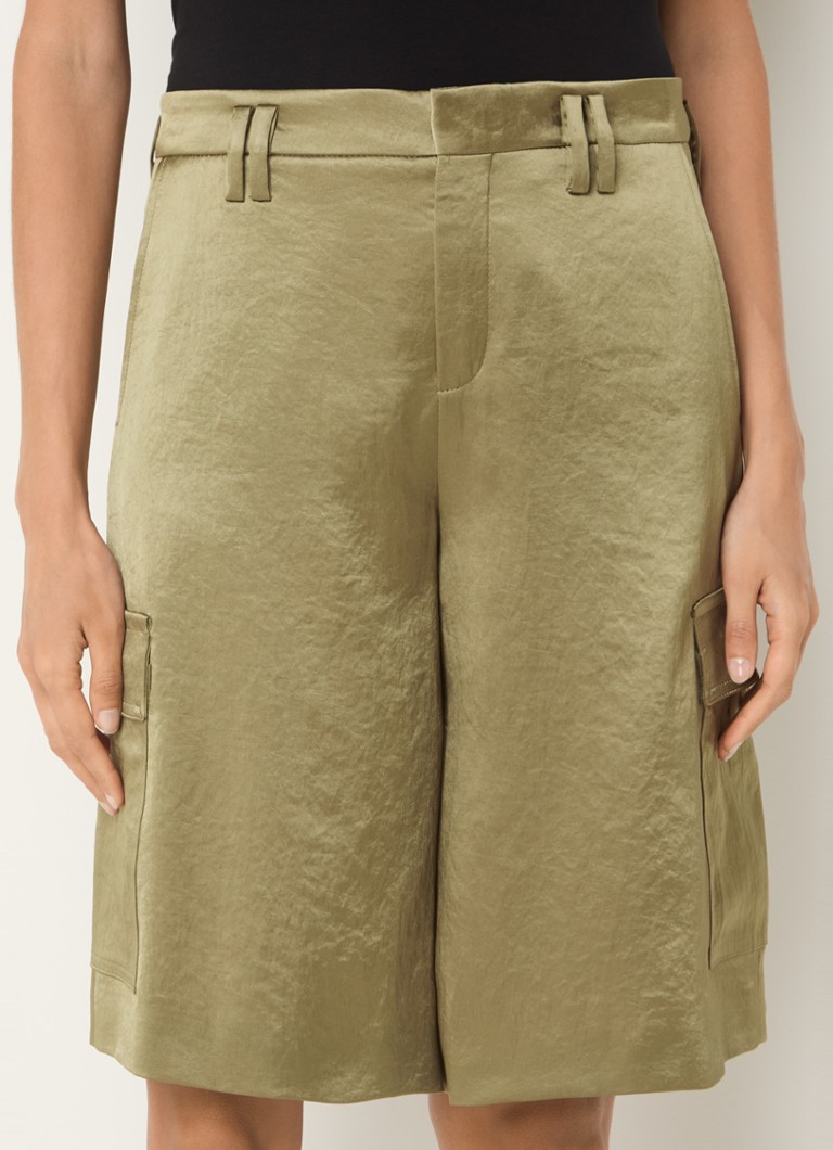 DRYKORN - Trail high waist wide fit korte cargobroek van satijn met steekzakken - Mosgroen