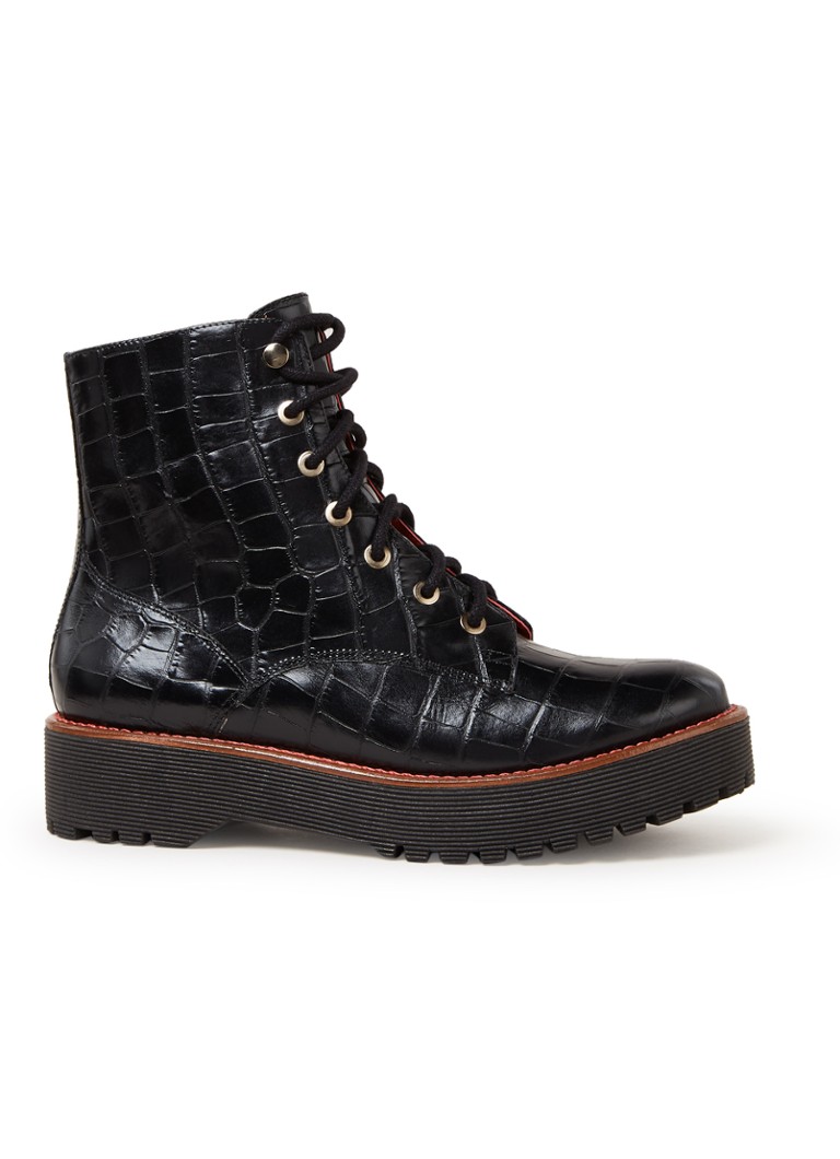 Dune London Paper biker boot van leer met crocostructuur • Zwart • de