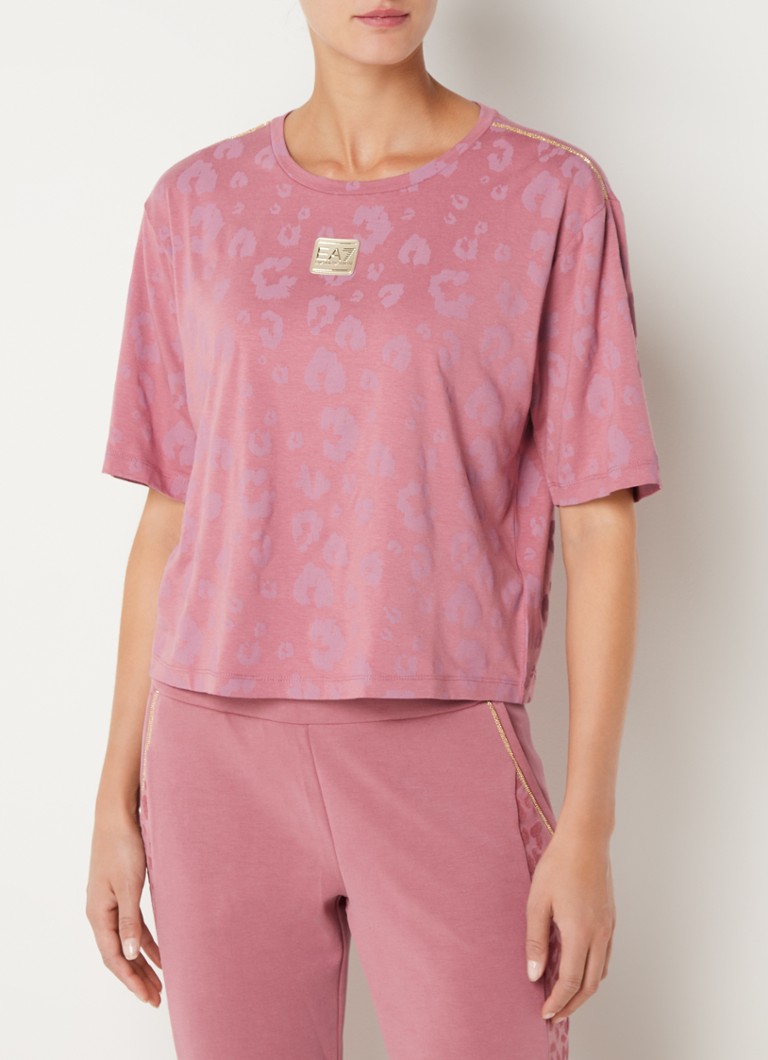 Emporio Armani - Trainings T-shirt met luipaard print en strass-decoratie - Roze
