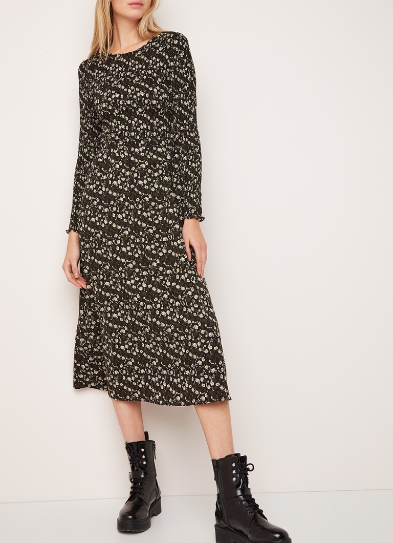 Envii - Enteak maxi-jurk met bloemendessin en gesmockt detail - Zwart